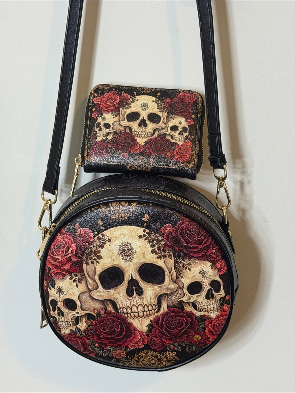 Skull & Roses Round Crossbody Bag + Matching Wallet Gothic